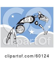 Royalty Free RF Clipart Illustration Of A Tribal Coyote Leaping Over Stars And Clouds by xunantunich