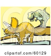 Royalty Free RF Clipart Illustration Of A Tyrannosaurus Rex Dinosaur Hunting A Triceratops