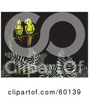 Royalty Free RF Clipart Illustration Of A Yellow Parrot Pair Perched On A Branch Over Ferns On Black by xunantunich
