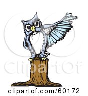 Poster, Art Print Of Blue Owl Perched On A Tree Stump And Pointing With Its Wing