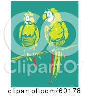 Royalty Free RF Clipart Illustration Of A Yellow Parrot Pair Perched On A Branch Over Teal by xunantunich