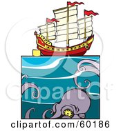 Poster, Art Print Of Giant Squid Approaching A Chinese Junk Ship At Sea