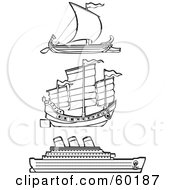 Royalty Free RF Clipart Illustration Of A Digital Collage Of Three Black And White Ships On White