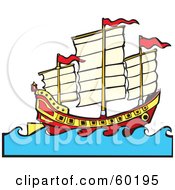Chinese Junk Ship Sailing At Sea