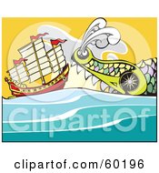 Poster, Art Print Of Giant Sea Monster Swimming Towards A Chinese Junk Ship