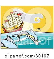 Royalty Free RF Clipart Illustration Of Dolphins Jumping Near A Chinese Junk Ship by xunantunich