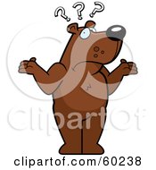 Royalty Free RF Clipart Illustration Of A Confused Bear Character Shrugging With Three Question Marks Over His Head by Cory Thoman