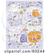 Royalty Free RF Clipart Illustration Of A Purple Halloween Doodle Background Of Ghosts Bats Skulls Candy And Pumpkins by Cory Thoman