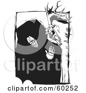 Royalty Free RF Clipart Illustration Of A Woodcut Styled Pagan Deer Skull With Irish Ogham Writing Black And White by xunantunich