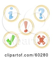 Royalty Free RF Clipart Illustration Of A Digital Collage Of 3d Round White Buttons Information Question Mark Exclamation Point Check Mark X Mark by Jiri Moucka