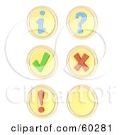 Royalty Free RF Clipart Illustration Of A Digital Collage Of 3d Round Yellow Buttons Information Question Mark Exclamation Point Check Mark X Mark by Jiri Moucka
