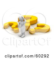 Royalty Free RF Clipart Illustration Of A Confused 3d Blanco Man Character Standing In Front Of Three Large Question Marks by Jiri Moucka