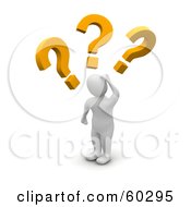Royalty Free RF Clipart Illustration Of A Confused 3d Blanco Man Character Looking At Large Question Marks by Jiri Moucka