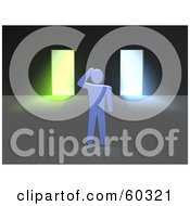 Royalty Free RF Clipart Illustration Of A 3d Blue Guy Standing In Front Of Glowing Blue And Green Doorway