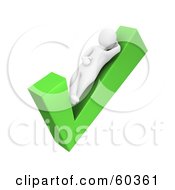 Royalty Free RF Clipart Illustration Of A 3d Blanco Man Character Leaning On A Green Check Mark by Jiri Moucka