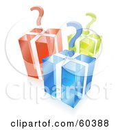 3d Question Marks Over Transparent Blue Green And Red Cube Gift Boxes