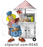 Happy Lady Working At A Portable Roadside Hot Dog Stand