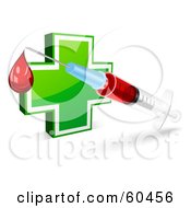 Royalty Free RF Clipart Illustration Of A Blood Droplet Dripping From A Syringe In Front Of A Green Cross