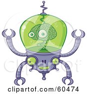 Smiling Brain Robot With Pincers And The Brain Floating In Green Liquid