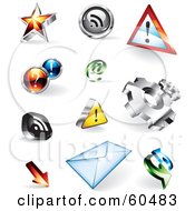 Royalty Free RF Clipart Illustration Of A Digital Collage Of 3d Colorful Website Buttons Stars Rss Attention Assistance Email Gears Download Envelope And Refresh by TA Images
