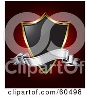 Royalty Free RF Clipart Illustration Of A Black 3d Silver Banner Over A Black An Gold Shield On A Bursting Red Background by TA Images #COLLC60498-0125