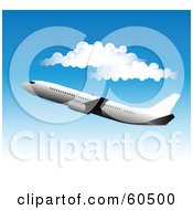 Poster, Art Print Of Large Commercial Airliner Plane Flying Near Puffy White Clouds In A Gradient Blue Sky