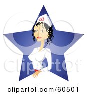 Poster, Art Print Of Pretty Nurse With Black Hair Standing In A Blue Star