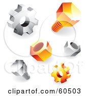 Royalty Free RF Clipart Illustration Of A Digital Collage Of Orange And Silver Shiny 3d Gears Nuts And Bolts