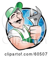 Royalty Free RF Clipart Illustration Of A Pleasant Male Mechanic Leaning On The Rim Of A Circle Holding A Wrench And Smiling by TA Images #COLLC60507-0125