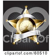 Royalty Free RF Clipart Illustration Of A Gold Star Police Badge Draped By A Blank Silver Banner On A Bursting Gray Background by TA Images #COLLC60510-0125