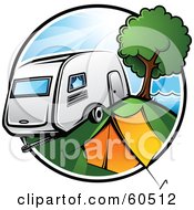 Poster, Art Print Of Retro Camper Parked By A Tent And Tree In A Camp Ground