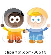 Poster, Art Print Of Two Friendly African American And Caucasian Boys Holding Hands And Waving