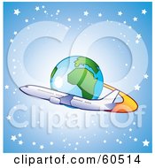 Royalty Free RF Clipart Illustration Of A Large Commercial Airliner Plane Circling Around Earth Against A Starry Light Blue Background