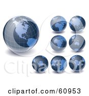 Royalty Free RF Clipart Illustration Of A Digital Collage Of Blue Grid Globes Featuring Different Continents by Michael Schmeling