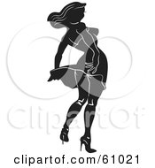 Royalty Free RF Clipart Illustration Of A Sexy Black And White Female Silhouette Looking Back With Her Dress Bowing Up by pauloribau
