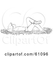 Black And White Outline Of A Happy Boy Laying In Wildflowers And Grass While Gazing At The Sky