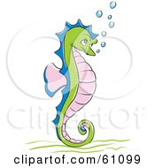 Royalty Free RF Clipart Illustration Of A Grumpy Green Pink And Blue Seahorse With Bubbles by pauloribau