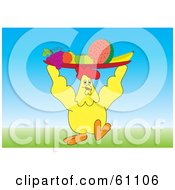 Poster, Art Print Of Yellow Chicken Carrying A Fruit Platter On Top Of His Head