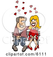 Couple In Love Sitting On A Bench With Hearts Above