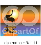 Two Silhouetted Cranes Wading In Water Against An Orange Sunset