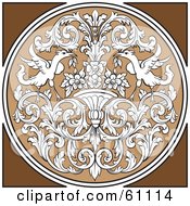 Poster, Art Print Of Round Ornate Design Element With White Floral Patterns And Birds On Brown