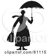 Black And White Womans Silhouette Carrying A Bag And Umbrella