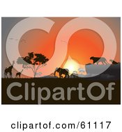 Poster, Art Print Of Silhouetted Giraffes Birds Elephants And Big Cats Against An Orange African Sunset