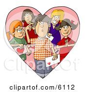 Confused Boy On Valentines Day Surrounded By Girls That Have A Crush On Him Clipart