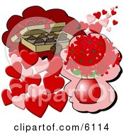 Poster, Art Print Of Box Of Chocolate Candies And A Vase Of Red Flowers With Hearts For Valentines Day Gifts