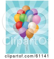 Royalty Free RF Clipart Illustration Of A Cluster Of Birthday Balloons Over A Blue Bursting Background