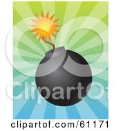 Lit Black Bomb With A Burning Fuse On A Bursting Gradient Background