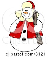 Snowman Holding A Pair Of Skis Clipart