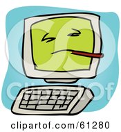 Royalty Free RF Clipart Illustration Of A Sick Desktop Computer With A Green Screen And A Thermometer On A Blue And White Background by Kheng Guan Toh