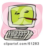 Poster, Art Print Of Sick Desktop Computer With A Green Screen And A Thermometer On A Pink And White Background